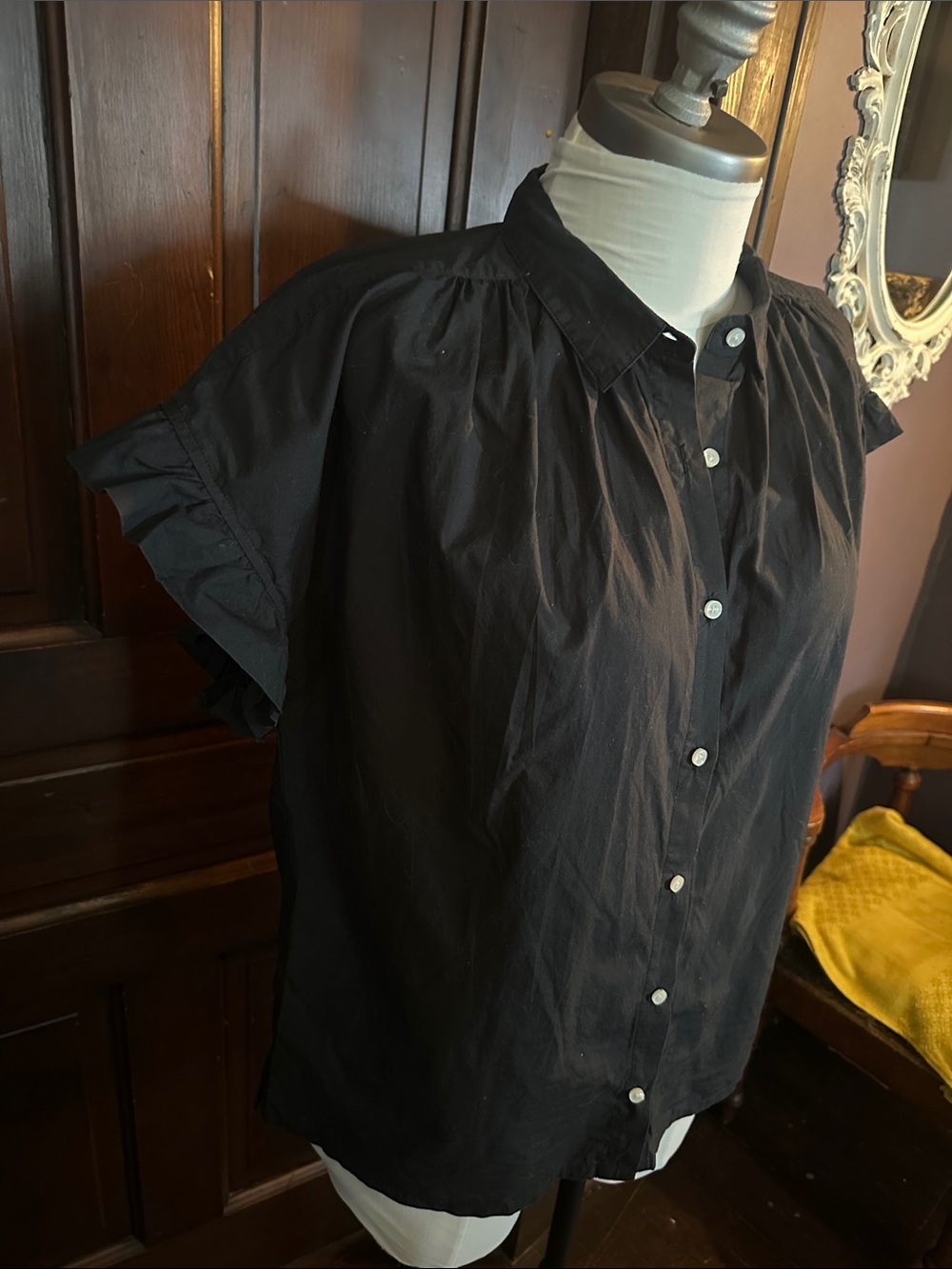 Trovata Black Short-Sleeve Button-Down with Ruffle Sleeves